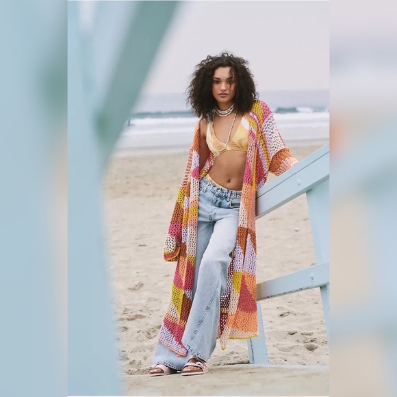 Free People Chasing Rainbows Cardi Crochet MaxiSize M/L